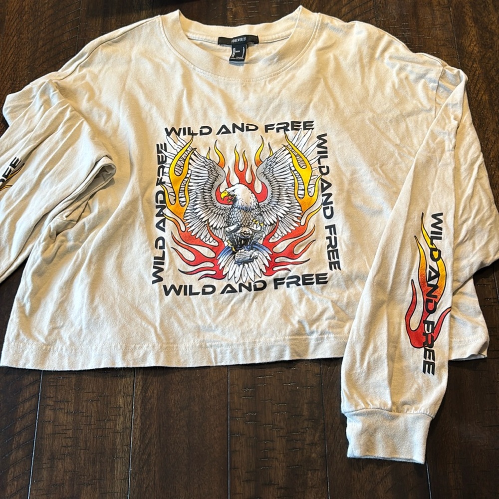 Forever 21 Wild and Free Eagle Crop long Sleeve T-shirt, size large